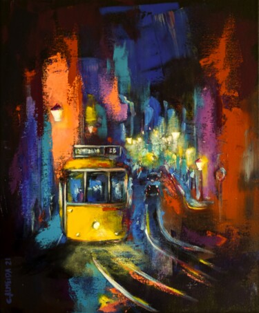 Painting titled "Tram night ride" by Carmo Almeida, Original Artwork, Acrylic