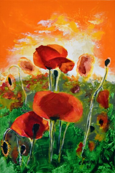 Painting titled "Poppies" by Carmo Almeida, Original Artwork, Acrylic
