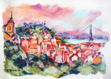 Painting titled "My city Lisbon" by Carmo Almeida, Original Artwork, Acrylic Mounted on Wood Stretcher frame