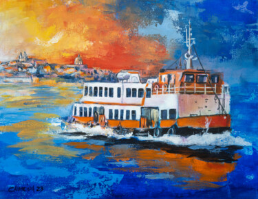 Painting titled "Lisbon Ferry" by Carmo Almeida, Original Artwork, Acrylic Mounted on Wood Stretcher frame