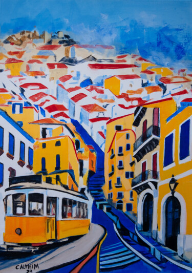 Painting titled "Graphic Lisbon Hills" by Carmo Almeida, Original Artwork, Acrylic Mounted on Wood Stretcher frame