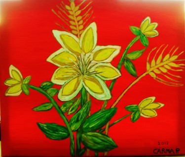 Pintura intitulada "Flor com fundo verm…" por Carma Carvalho, Obras de arte originais, Acrílico