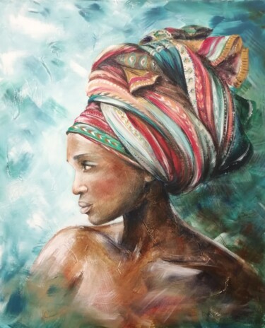 Painting titled "Africaine au turban" by Carol Hougue, Original Artwork, Acrylic Mounted on Wood Stretcher frame