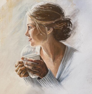 Malerei mit dem Titel "jeune-femme-a-la-ta…" von Carol Hougue, Original-Kunstwerk, Pastell