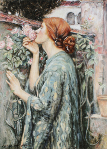 Painting titled "La femme a la rose" by Carol Hougue, Original Artwork, Oil