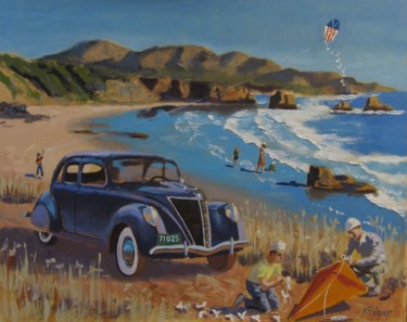 Cerfs-volants sur la plage Peinture intitulée "Cerfs-volants sur l…" par Karol Reber, Œuvre d'art originale, Huile