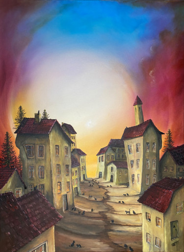 Pintura intitulada "Stadt der Katzen" por Carola Eleonore Thiele, Obras de arte originais, Óleo
