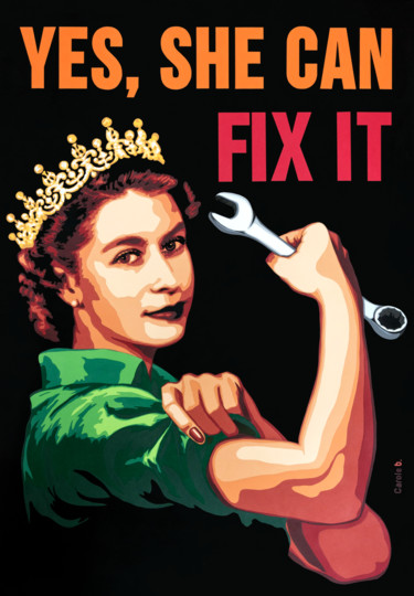 Collagen mit dem Titel "Yes, she can fix it" von Carole B, Original-Kunstwerk, Scherenschnitt