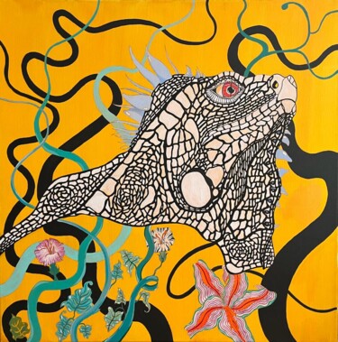 Картина под названием "Iguan" - Carole Brunet, Подлинное произведение искусства, Акрил Установлен на Деревянная рама для нос…