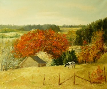 Painting titled "vache au pré" by Carole Closkin, Original Artwork, Oil