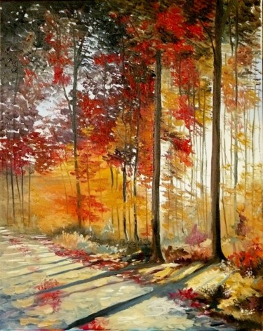 Painting titled "foret rouge." by Carole Closkin, Original Artwork, Oil
