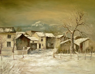 Schilderij getiteld "un village en hiver" door Carole Closkin, Origineel Kunstwerk, Olie
