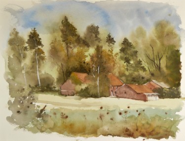 Painting titled "Ferme Flamande" by Carole Closkin, Original Artwork, Watercolor