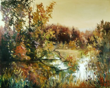 Painting titled "Automne au bord du…" by Carole Closkin, Original Artwork, Oil