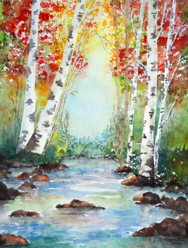 Painting titled "riviere d'automne" by Carole D'Eyssautier, Original Artwork, Watercolor