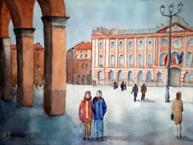 Painting titled "Toulouse, place du…" by Carole D'Eyssautier, Original Artwork, Watercolor