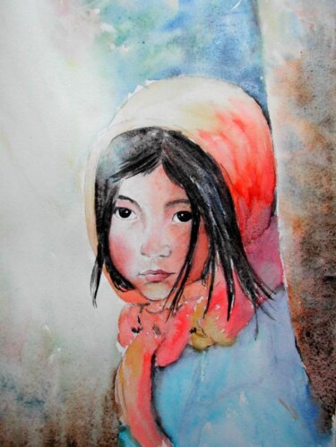 Pintura intitulada "Petite fille tibéta…" por Carole D'Eyssautier, Obras de arte originais, Aquarela