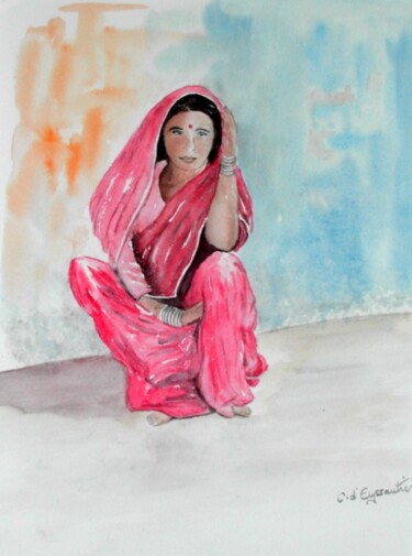 Painting titled "Le Sari Rose, Inde" by Carole D'Eyssautier, Original Artwork, Watercolor