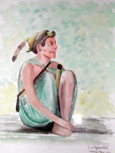 Painting titled "Guerrier Nishi, Inde" by Carole D'Eyssautier, Original Artwork, Watercolor