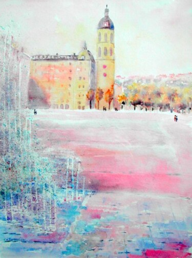 Peinture intitulée "Lyon, Place Antonin…" par Carole D'Eyssautier, Œuvre d'art originale, Aquarelle