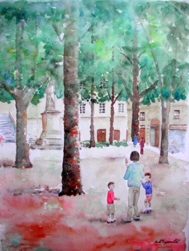 Painting titled "Lyon, Place Satonay" by Carole D'Eyssautier, Original Artwork, Watercolor