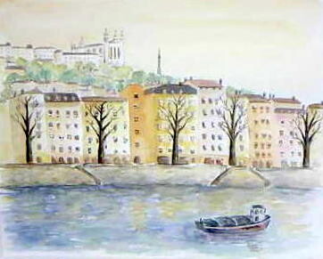 Painting titled "Lyon, Quai de Saône…" by Carole D'Eyssautier, Original Artwork, Watercolor