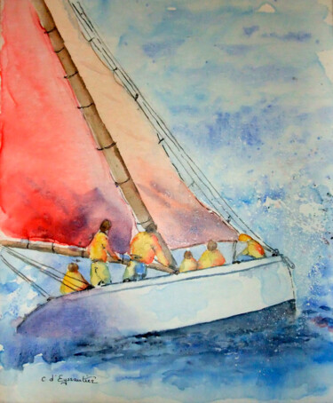 「Régate」というタイトルの絵画 Carole D'Eyssautierによって, オリジナルのアートワーク, 水彩画