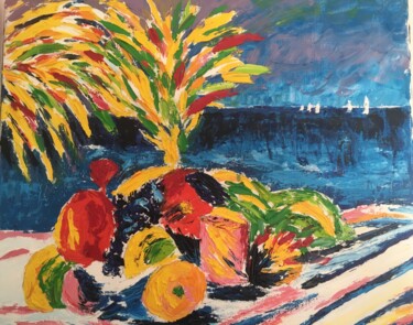 Painting titled "Corbeille de fruits…" by Carole Hurel, Original Artwork, Oil Mounted on Wood Stretcher frame