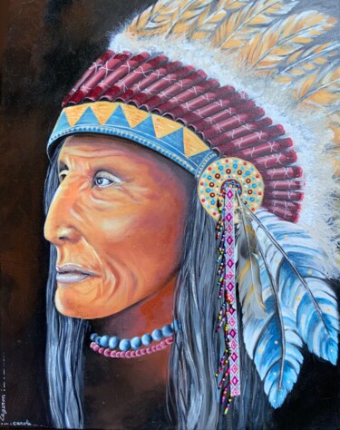 Schilderij getiteld "homme amérindien" door Carole Legeron, Origineel Kunstwerk, Acryl