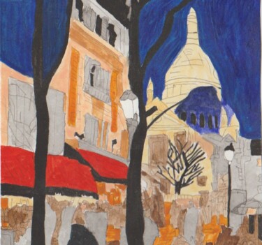 Картина под названием "Montmartre, Place d…" - Carole Lettry, Подлинное произведение искусства, Акварель