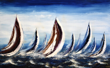 Painting titled "Les voiles" by Carole Sebton, Original Artwork, Oil Mounted on Wood Stretcher frame