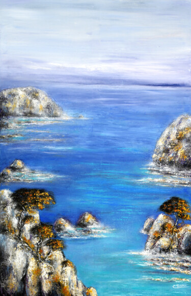 Painting titled "Les calanques" by Carole Sebton, Original Artwork, Oil Mounted on Wood Stretcher frame