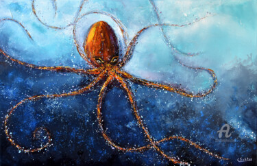 Painting titled "Octopus" by Carole Sebton, Original Artwork, Oil Mounted on Wood Stretcher frame