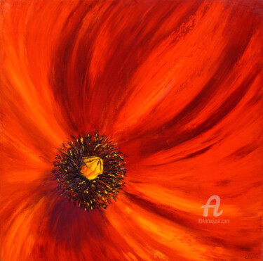 Painting titled "Coeur de coquelicot" by Carole Sebton, Original Artwork, Oil Mounted on Wood Stretcher frame