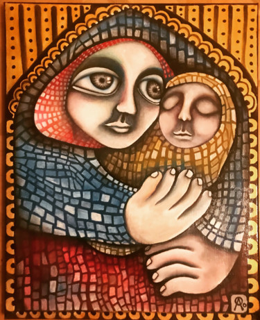 Painting titled "Mère à l’enfant" by Carolina Cabrera, Original Artwork, Acrylic