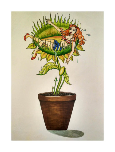 Pittura intitolato "carnivorous plant" da Carolina Pappalardo, Opera d'arte originale, Inchiostro