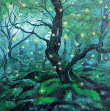 Painting titled "Night forest" by Carolina Saidenberg, Original Artwork, Oil Mounted on Wood Stretcher frame