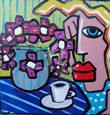 Painting titled "Pause café" by Caroline Cavalier, Original Artwork, Acrylic