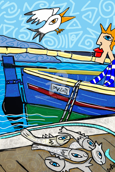 Digitale Kunst mit dem Titel "Retour de pêche" von Caroline Cavalier, Original-Kunstwerk, Digitale Malerei