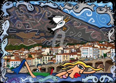 Digital Arts titled "Baignade à Banyuls" by Caroline Cavalier, Original Artwork, Digital Painting