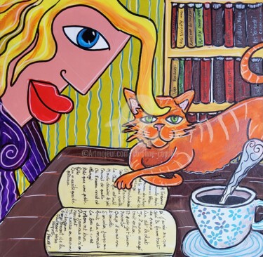 Malerei mit dem Titel "Le chat et l’oiseau" von Caroline Cavalier, Original-Kunstwerk, Acryl Auf Keilrahmen aus Holz montiert