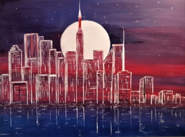 Schilderij getiteld "Moonlight in New Yo…" door Caroline Colomina, Origineel Kunstwerk, Acryl Gemonteerd op Frame voor houte…