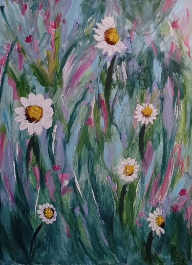 Painting titled "Expression florale" by Caroline Colomina, Original Artwork, Acrylic Mounted on Wood Stretcher frame