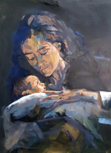 Peinture intitulée "Maternité" par Caro Fleury, Œuvre d'art originale, Huile Monté sur Châssis en bois