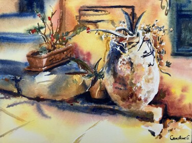 Painting titled "Poteries ensoleillé…" by Caroline Guizouarn, Original Artwork, Watercolor