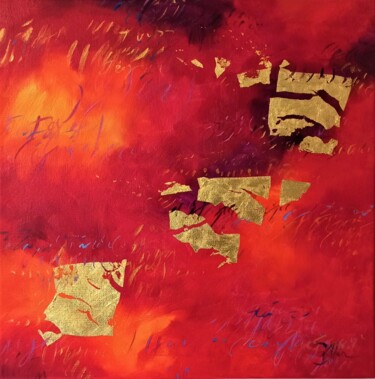 Картина под названием "Nuage rouge 2" - Caroline Keller, Подлинное произведение искусства, Масло Установлен на Деревянная ра…