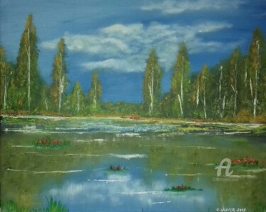 Peinture intitulée "Lac en automne" par Caroline Lefebvre, Œuvre d'art originale, Huile Monté sur Châssis en bois