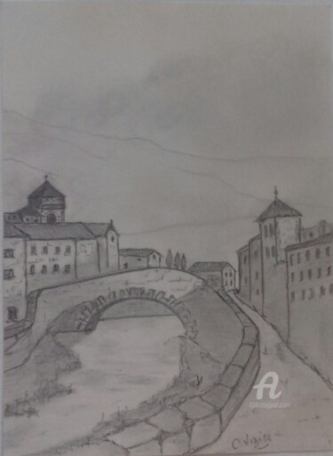 Drawing titled "Village au pont" by Caroline Lefebvre, Original Artwork, Pencil