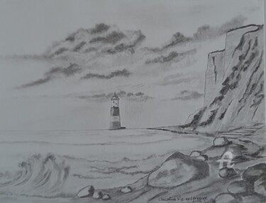 Drawing titled "Phare et falaises" by Caroline Lefebvre, Original Artwork, Graphite