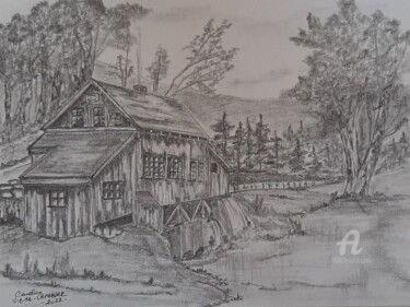 Tekening getiteld "Cabane en bois en f…" door Caroline Lefebvre, Origineel Kunstwerk, Grafiet